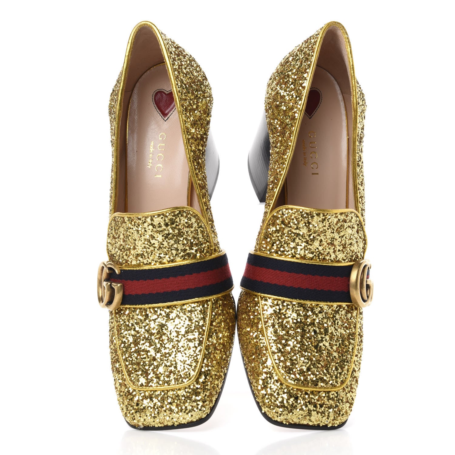 Gucci Glitter Nappa Web Peyton 75mm Loafer Pumps 38 Oro Vecchio 5 of 10