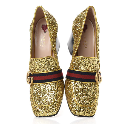 Gucci Glitter Nappa Web Peyton 75mm Loafer Pumps 38 Oro Vecchio 5 of 10