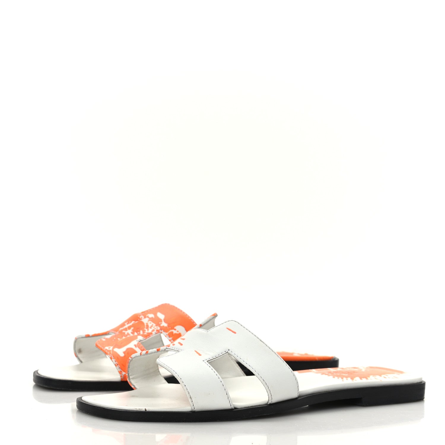 Hermes Calfskin Printed Peinture Fraiche Oran Sandals 37 White Orange 3 of 8