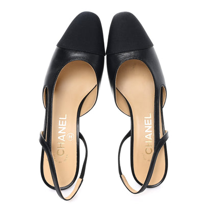 Chanel Goatskin Grosgrain Cap Toe CC Slingback Pumps 36 Black 2 of 10