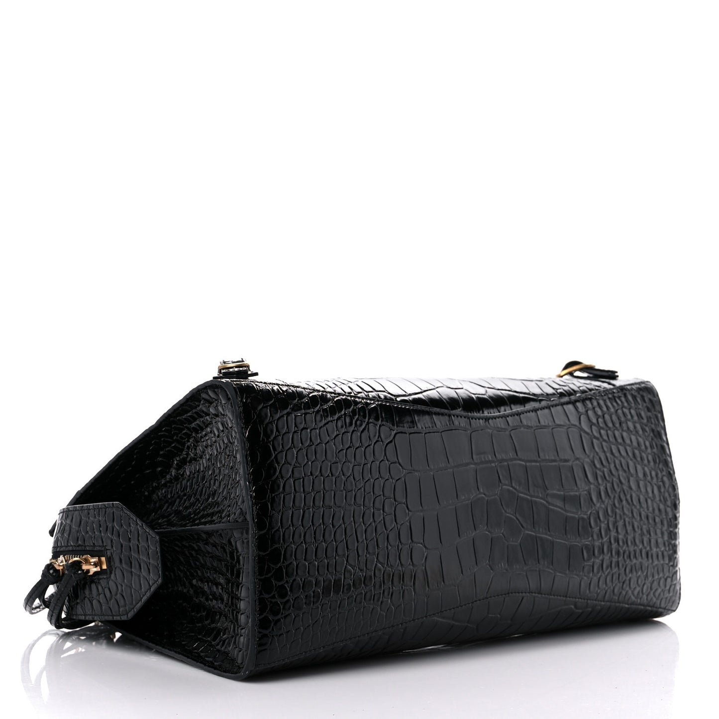 Shiny Supple Calfskin Crocodile Embossed Brass Hardware Neo Classic City Black