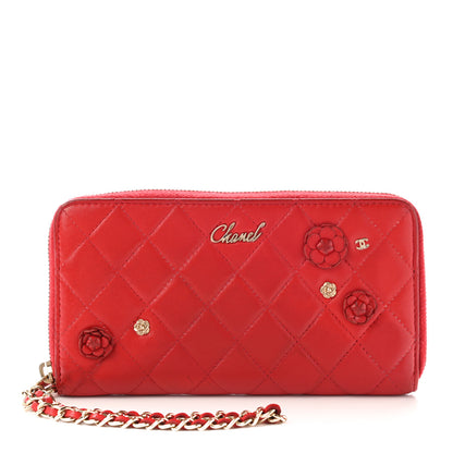 Chanel Lambskin Quilted Camellia Zip Around Wristlet Wallet Red 1 of 18