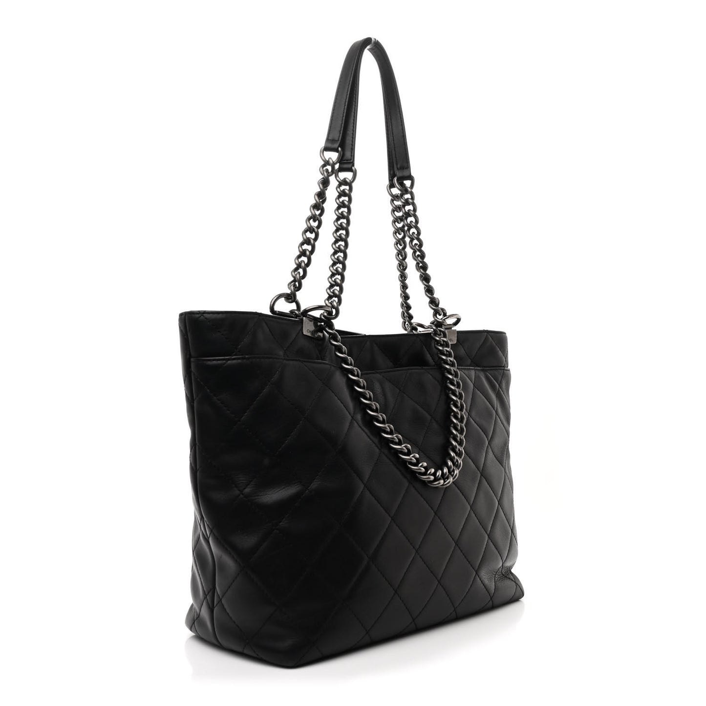 Calfskin Quilted Large Shopping In Chains Tote Black