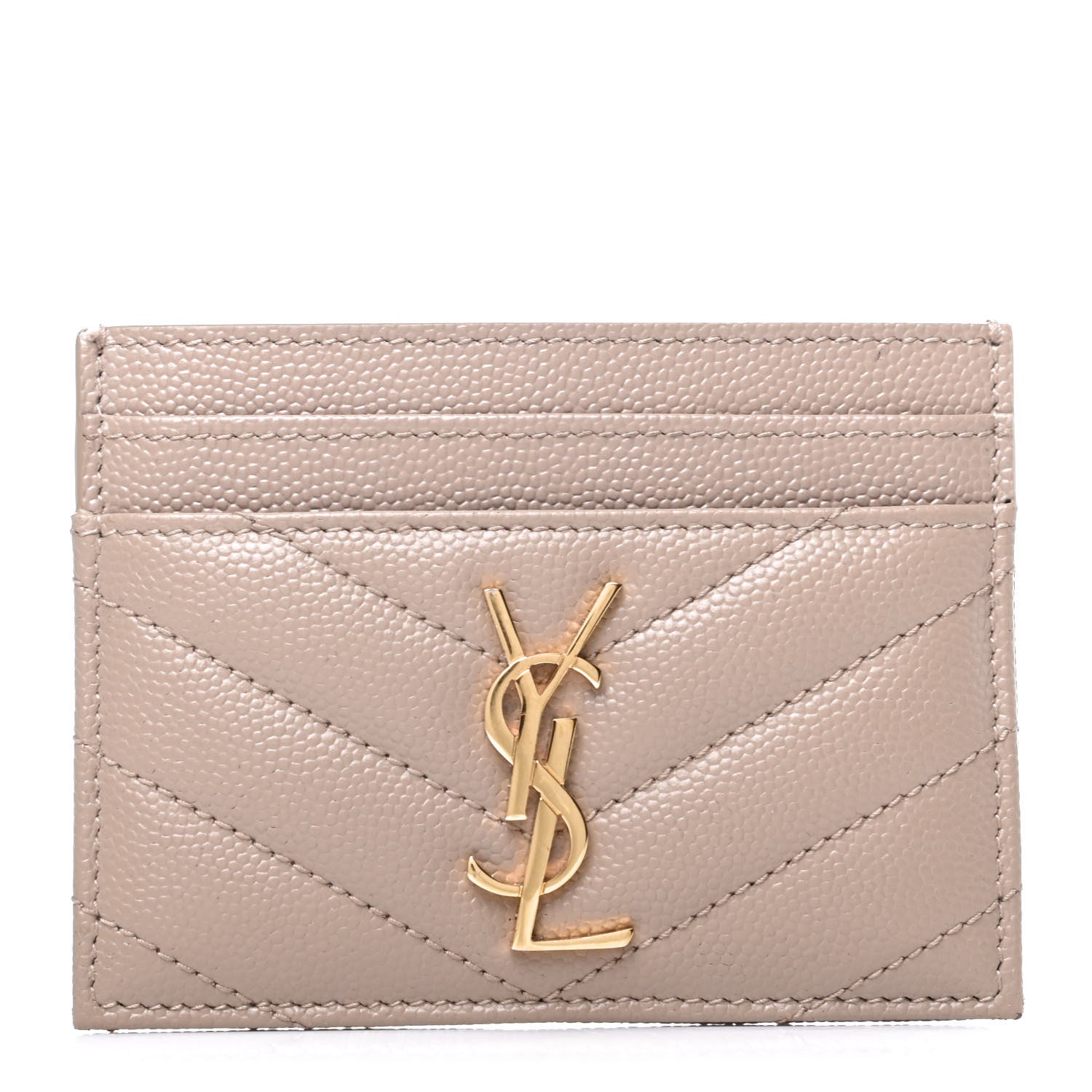 Saint Laurent Grain De Poudre Matelasse Chevron Monogram Credit Card Case Dark Beige 1 of 6
