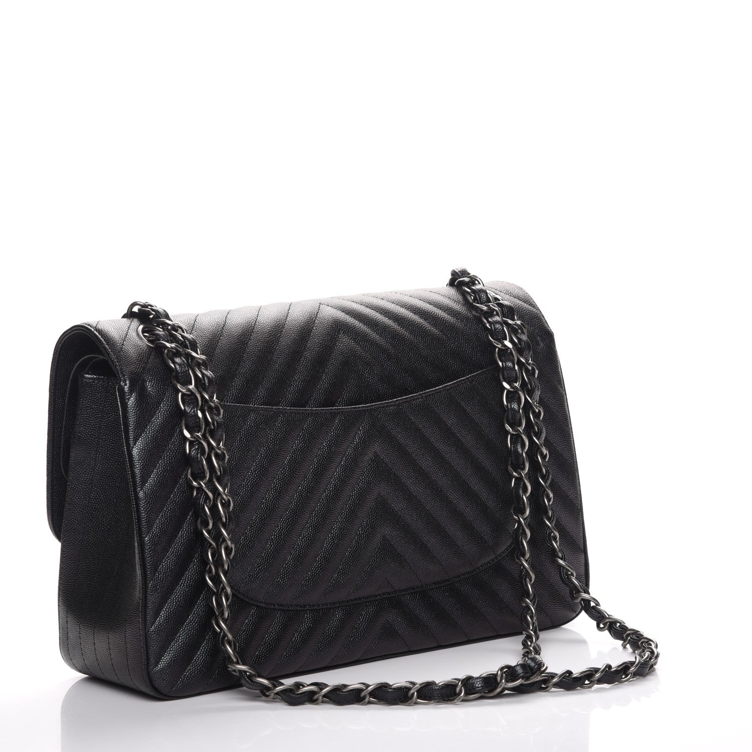Chanel Metallic Caviar Chevron Quilted Jumbo Double Flap Black 3 of 9