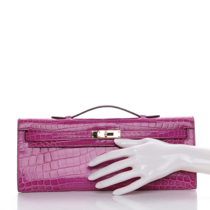 Hermes Shiny Niloticus Crocodile Kelly Cut Pochette Rose Scheherazade 2 of 21