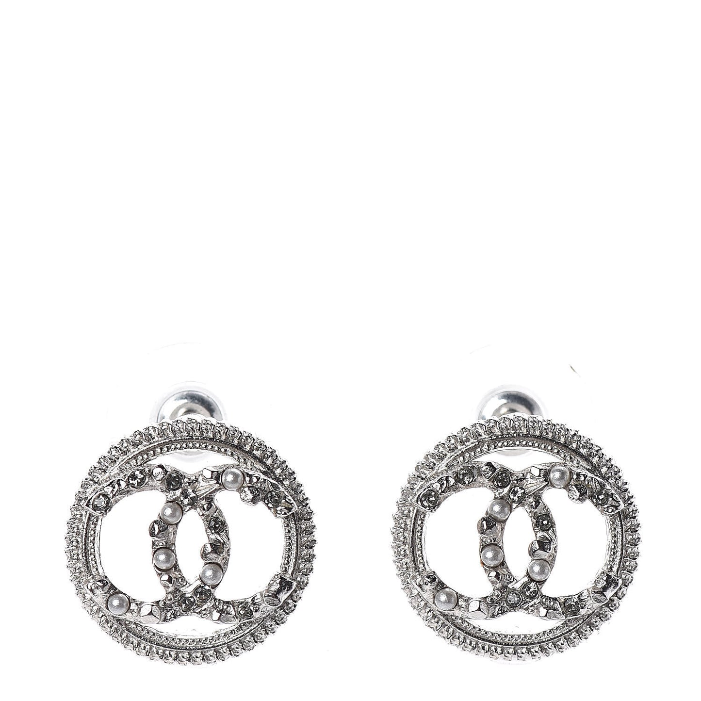 Pearl Crystal CC Round Earrings Silver