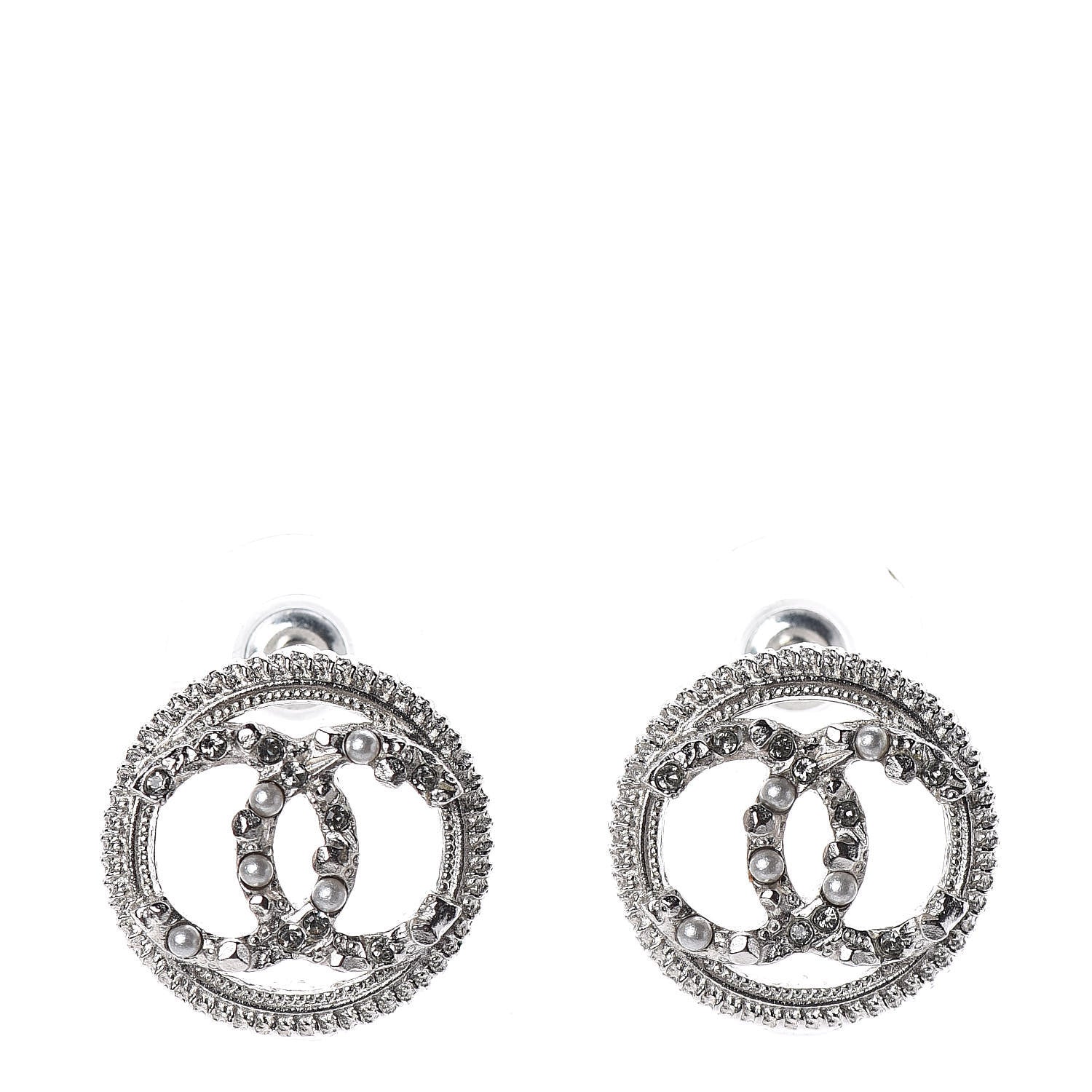 Chanel Pearl Crystal CC Round Earrings Silver 1 of 5