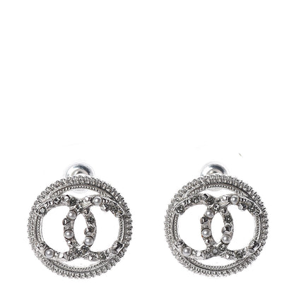 Chanel Pearl Crystal CC Round Earrings Silver 1 of 5