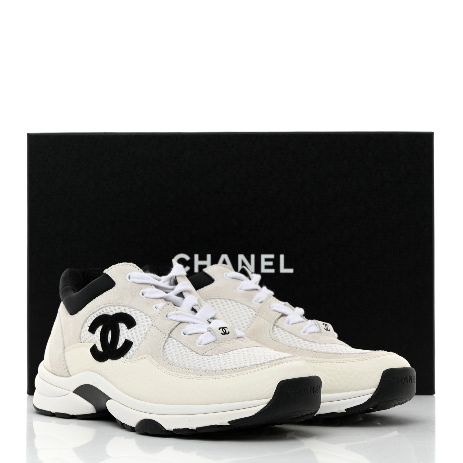 Chanel Mesh Suede Calfskin Grained Calfskin Womens CC Sneakers 37 White Black 9 of 9