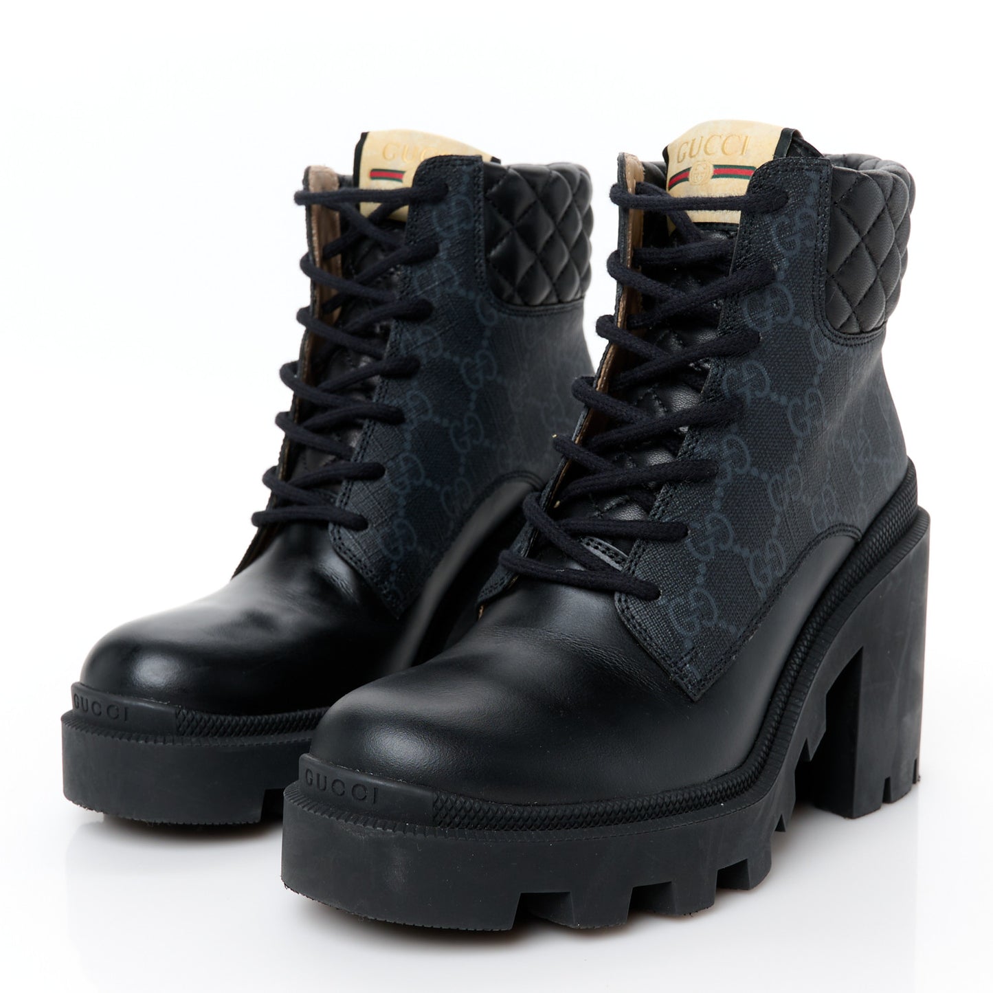 Apollo Calfskin GG Supreme Nappa Samoa Quilted Lace Up Ankle Boots 37 Black