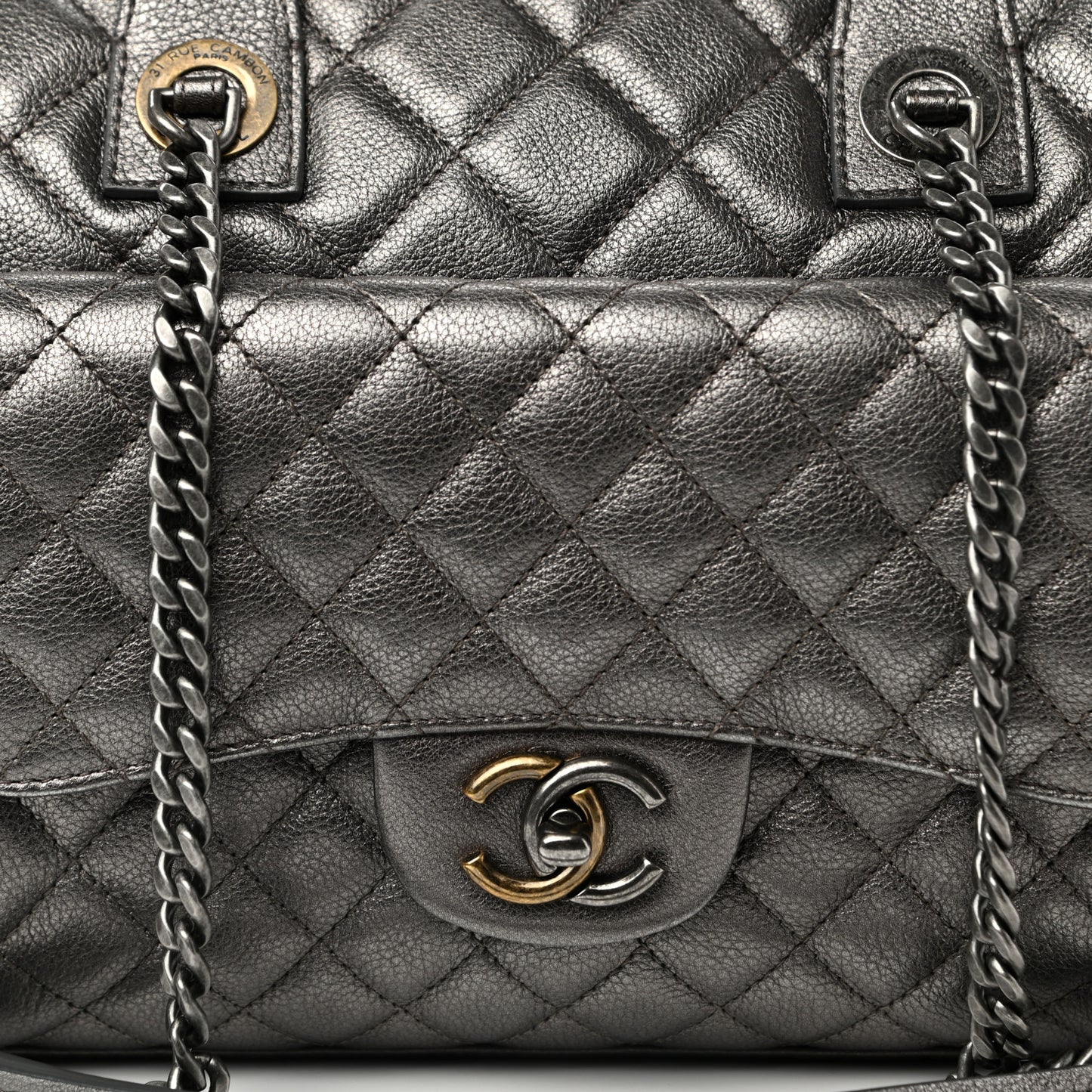 Metallic Grained Calfskin Quilted Large Casual Pocket Bowling Bag Silver