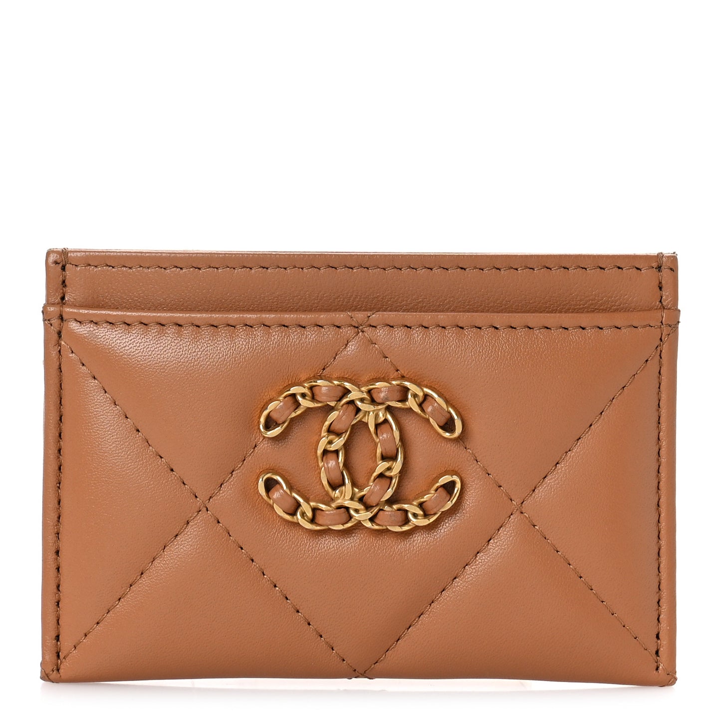 Lambskin Quilted Chanel 19 Card Holder Brown