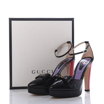 Gucci Patent Crystal GG Bow Sadie Spike Ankle Strap d'Orsay Platform High Heel Pumps 39 Black 9 of 9