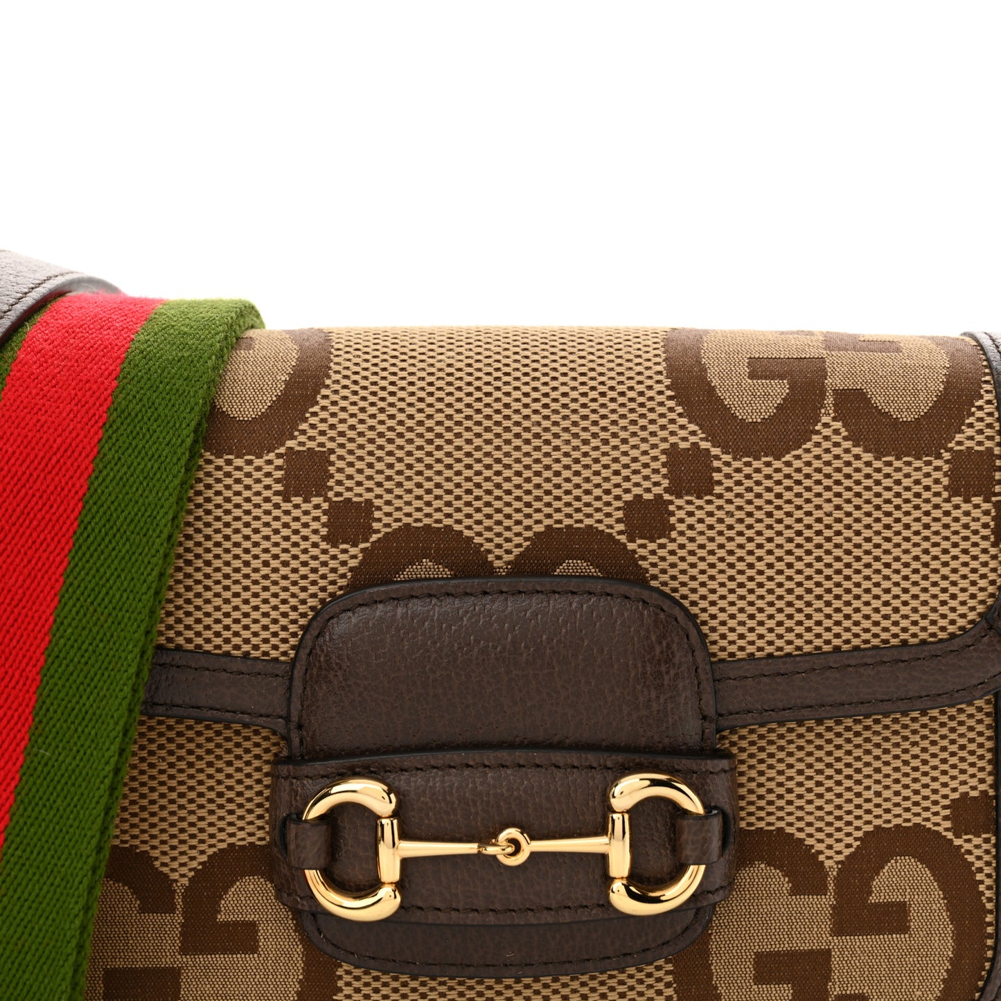 Monogram Jumbo GG Textured Dollar Calfskin Web Mini Horsebit 1955 Shoulder Bag Camel Ebony New Acero