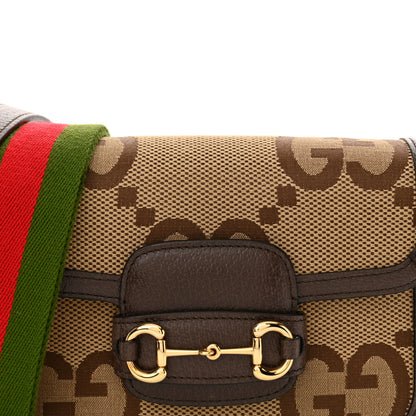 Gucci Monogram Jumbo GG Textured Dollar Calfskin Web Mini Horsebit 1955 Shoulder Bag Camel Ebony New Acero 8 of 11