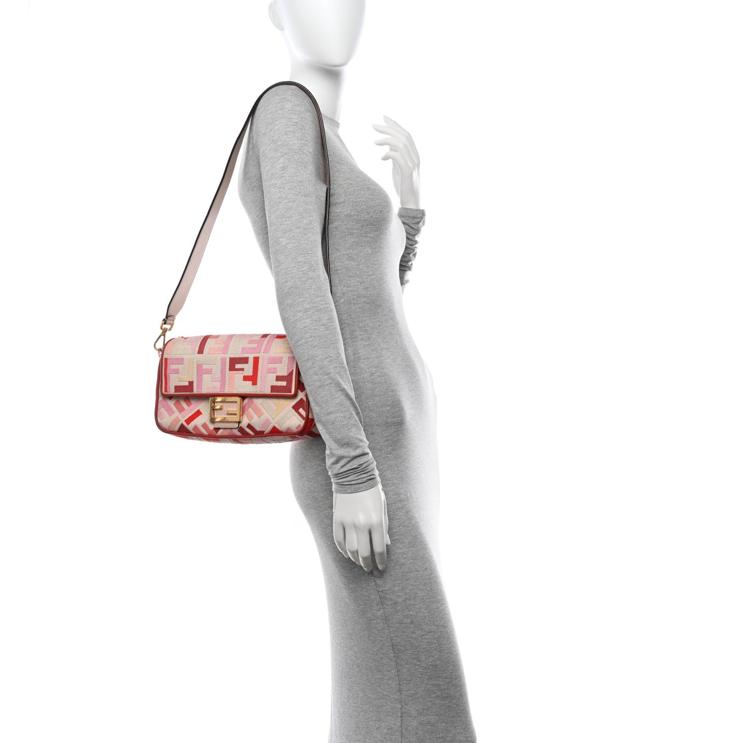 Fendi Canvas Vitello King FF Embroidered Baguette Rosa Quarzo Bloody Mary Multicolor 2 of 11