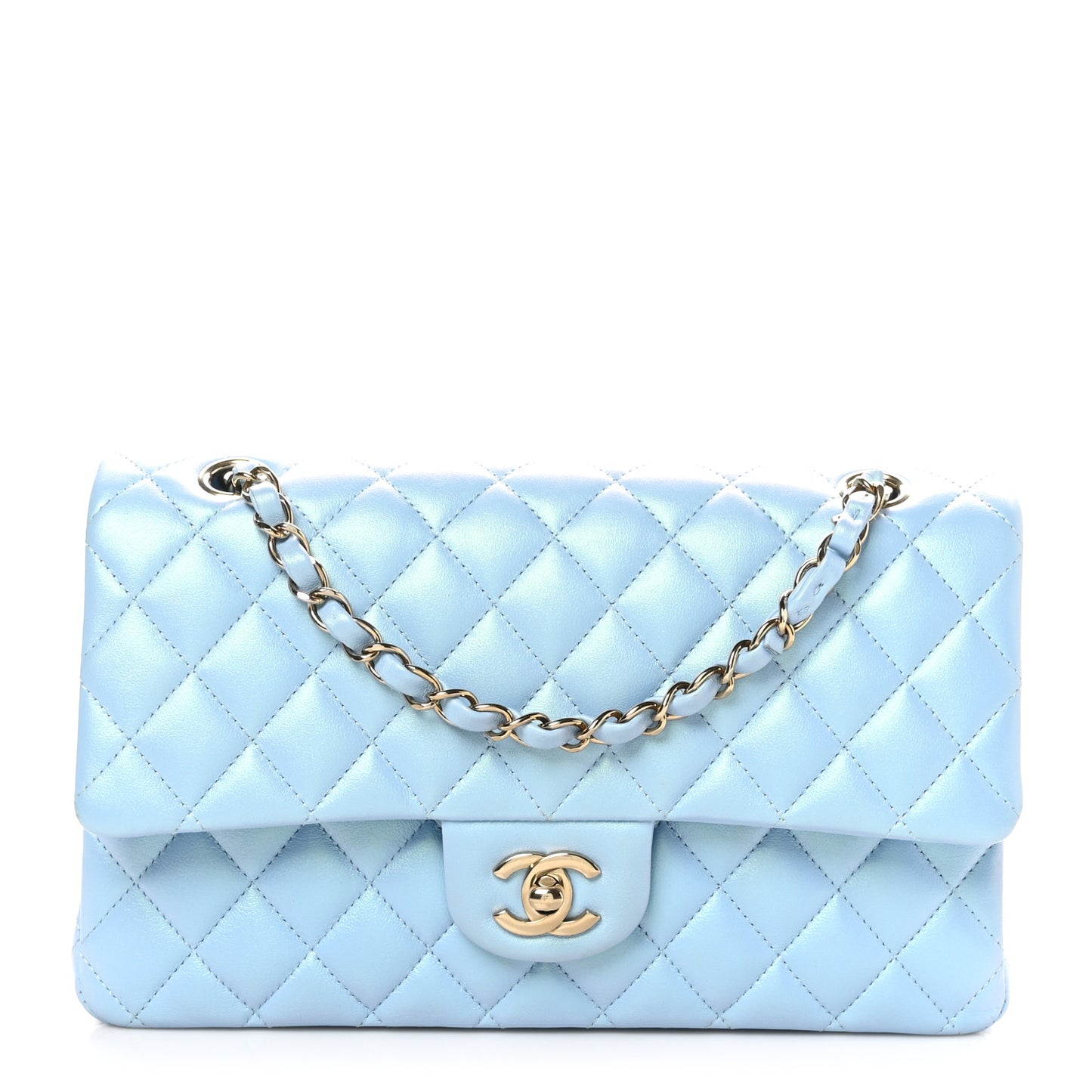 Iridescent Calfskin Quilted Medium Double Flap Blue