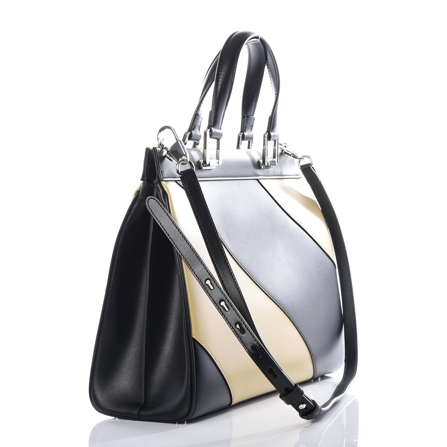 Gucci Smooth Calfskin Diagonal Striped Medium Zumi Top Handle Bag Black Beige 2 of 10