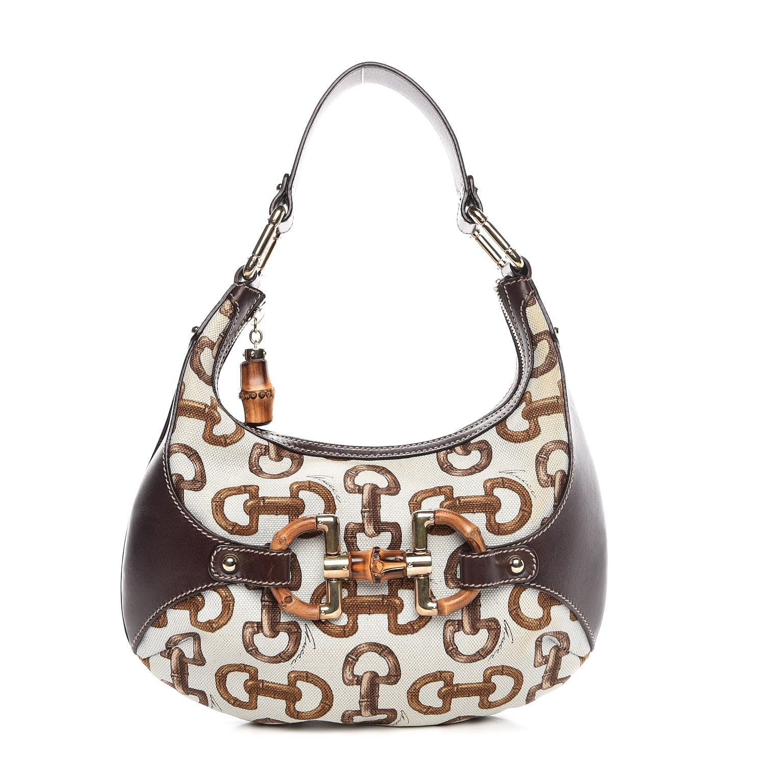 Gucci Canvas Bamboo Horsebit Print Amalfi Hobo Dark Brown 1 of 9