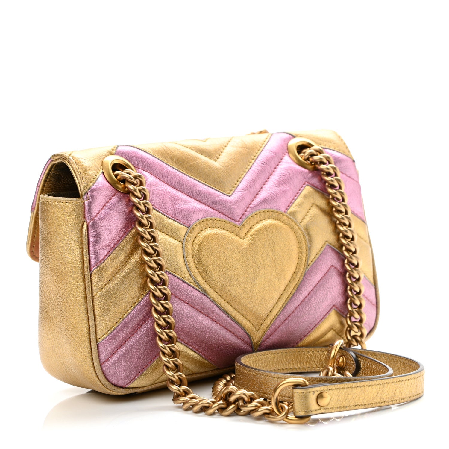 Gucci Metallic Calfskin Matelasse Mini GG Marmont Shoulder Bag Gold Pink 3 of 10