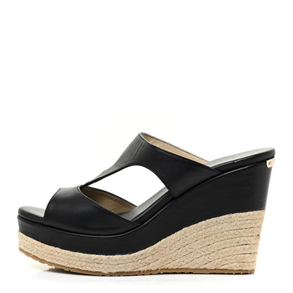 Jimmy Choo Calfskin Pledge T-Strap Espardille Wedge Sandals 38 Black 1 of 19