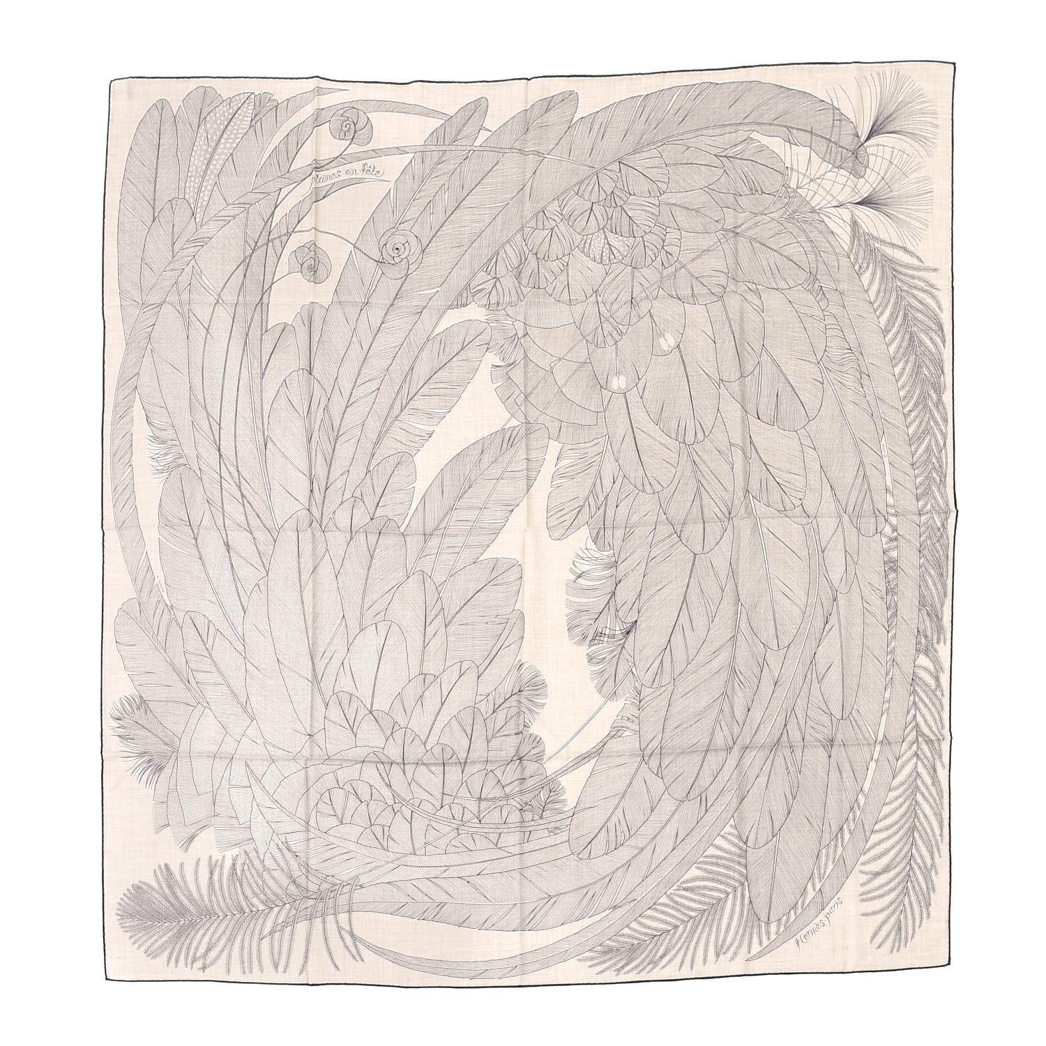 Hermes Cashmere Silk Plumes En Fete Shawl 140 Naturel Black 1 of 5