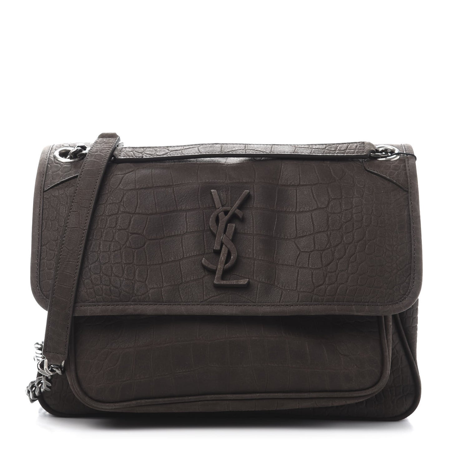 Nubuck Crocodile Embossed Monogram Medium Niki Chain Satchel Wood