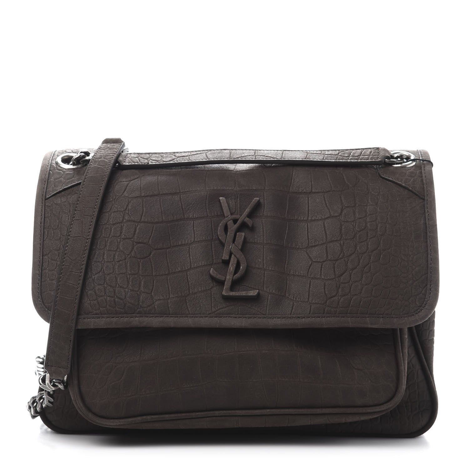 Saint Laurent Nubuck Crocodile Embossed Monogram Medium Niki Chain Satchel Wood 1 of 10