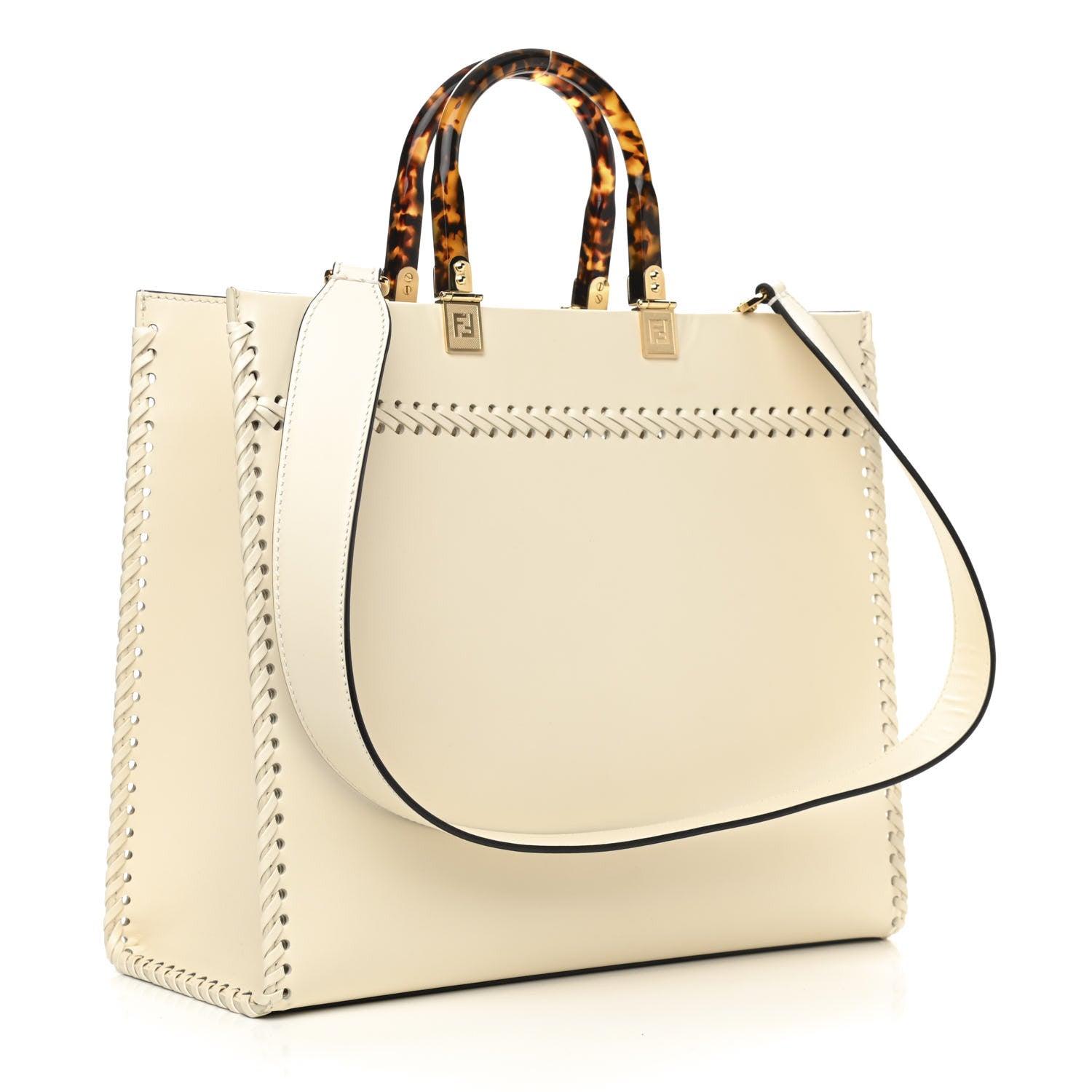Fendi Vitello King Ceylon Plexiglass Woven Logo Debossed Medium Fendi Sunshine Shopper Tote White Ice 3 of 10