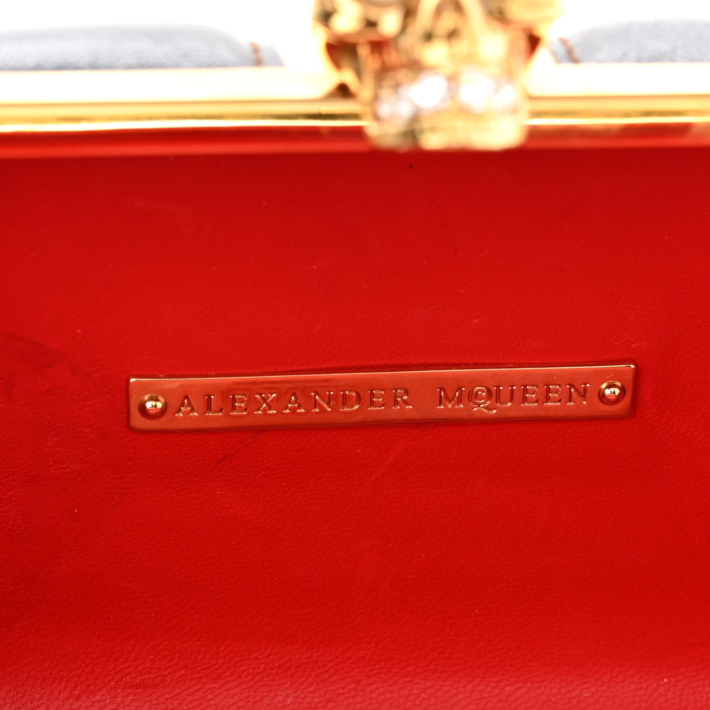 Patent Calfskin Britannia Skull Box Clutch Red Blue