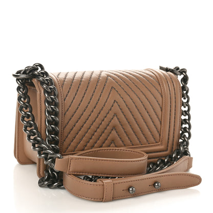 Chanel Calfskin Chain Chevron Small Boy Flap Dark Beige 3 of 12