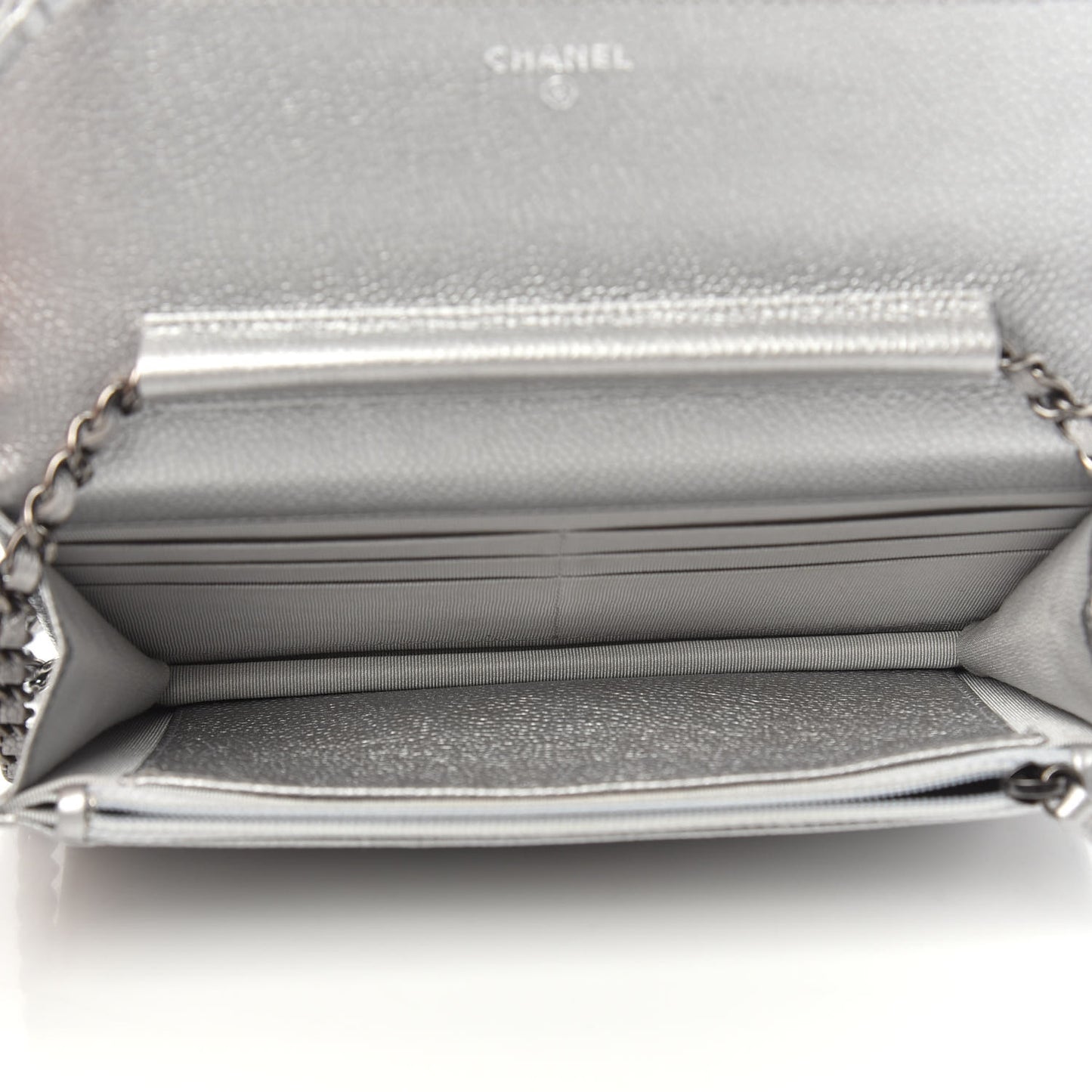 Metallic Caviar Quilted Wallet on Chain WOC Silver