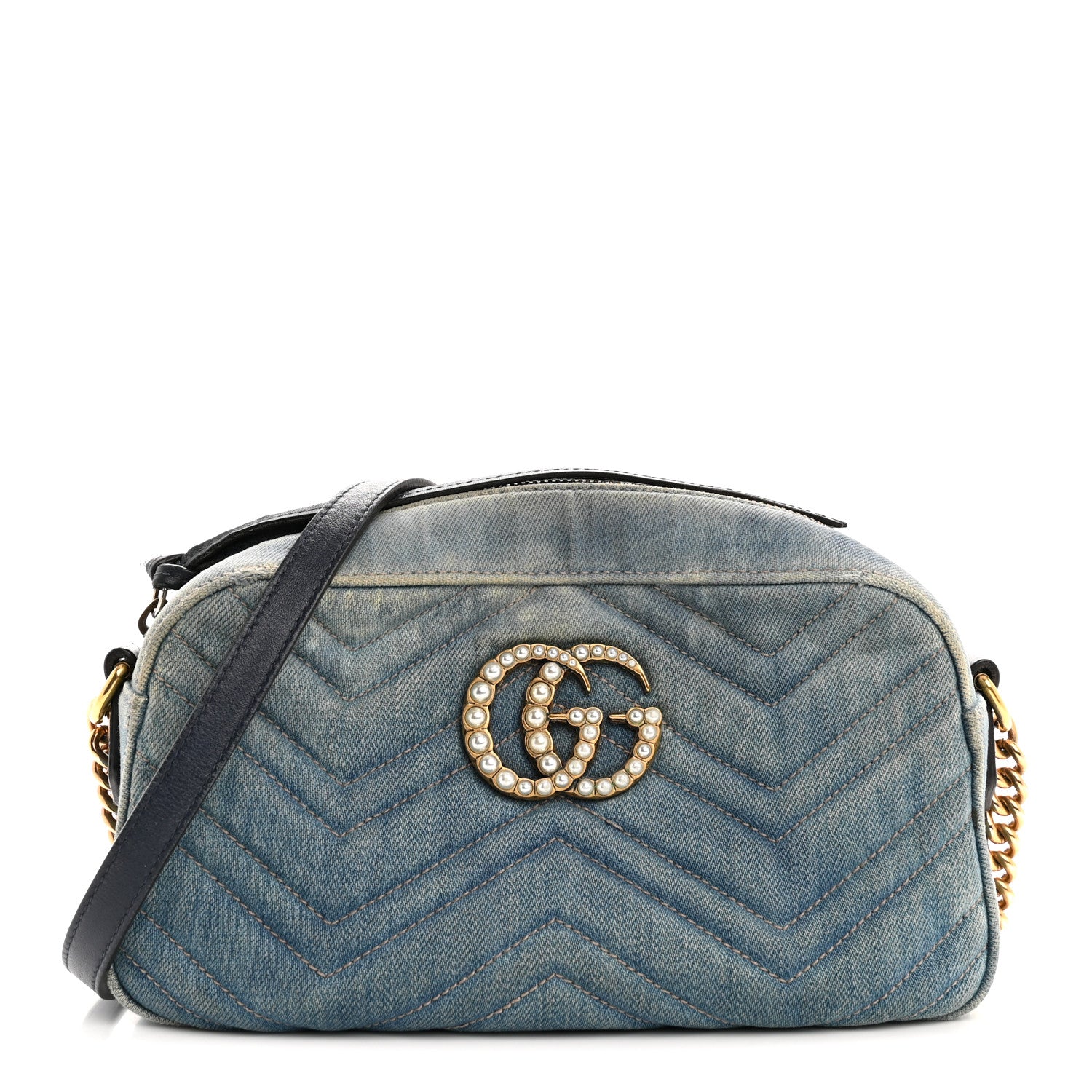 Gucci Denim Matelasse Small Pearly GG Marmont Chain Shoulder Bag Blue 1 of 16