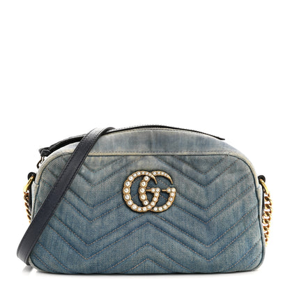 Gucci Denim Matelasse Small Pearly GG Marmont Chain Shoulder Bag Blue 1 of 16