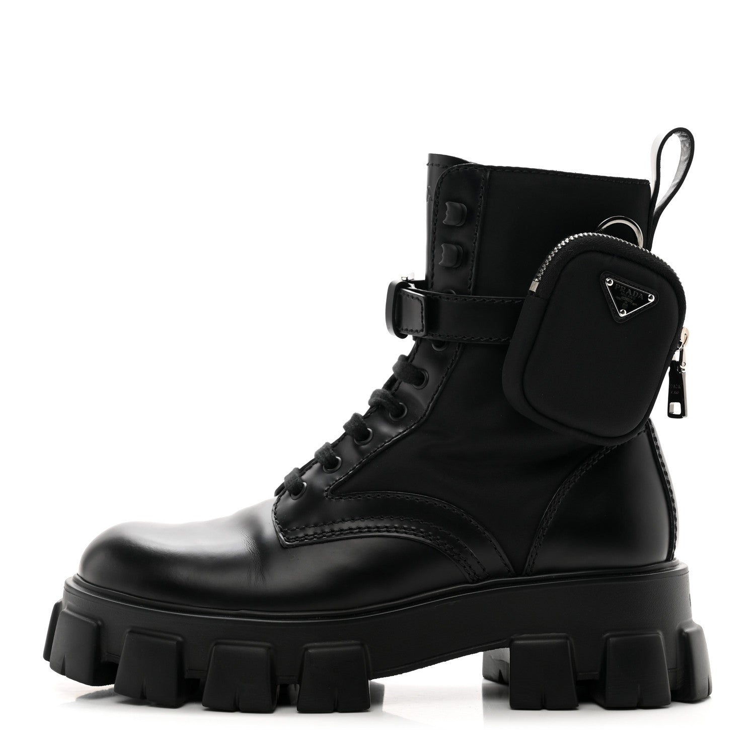 Prada Spazzolato Rois Re-Nylon Metal Triangle Logo Mens Monolith Pouch Pocket 60mm Combat Boots 7.5 Black 1 of 9