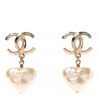 Chanel Pearl CC Heart Drop Earrings Gold 1 of 4