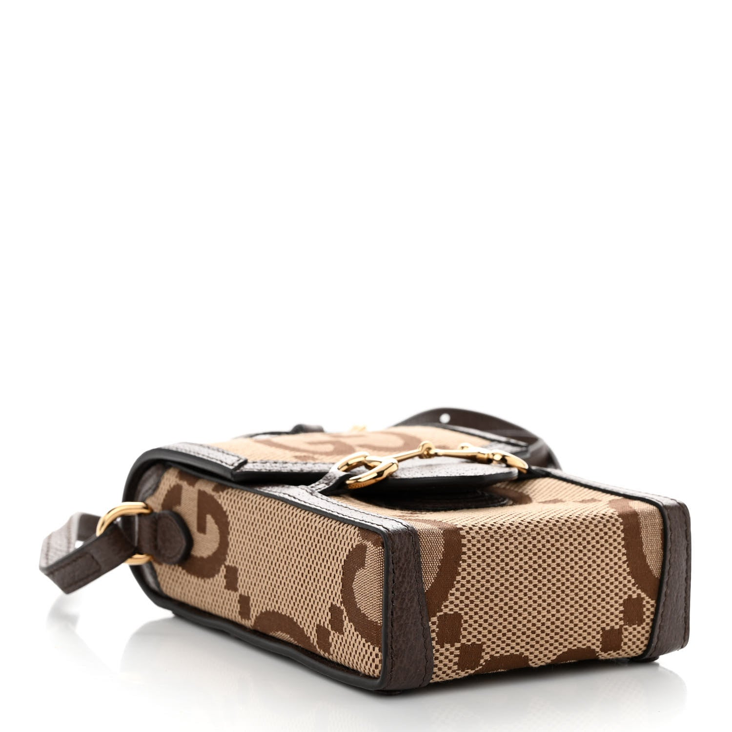 Gucci Monogram Jumbo GG Textured Dollar Calfskin Mini Horsebit 1955 Crossbody Bag Camel Ebony New Acero 4 of 11