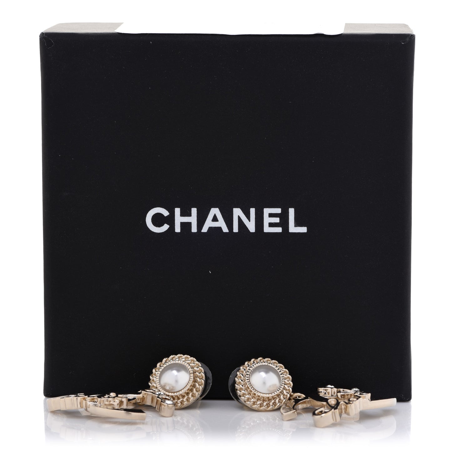 Metal Pearl Crystal Coco Script CC Drop Earrings Gold