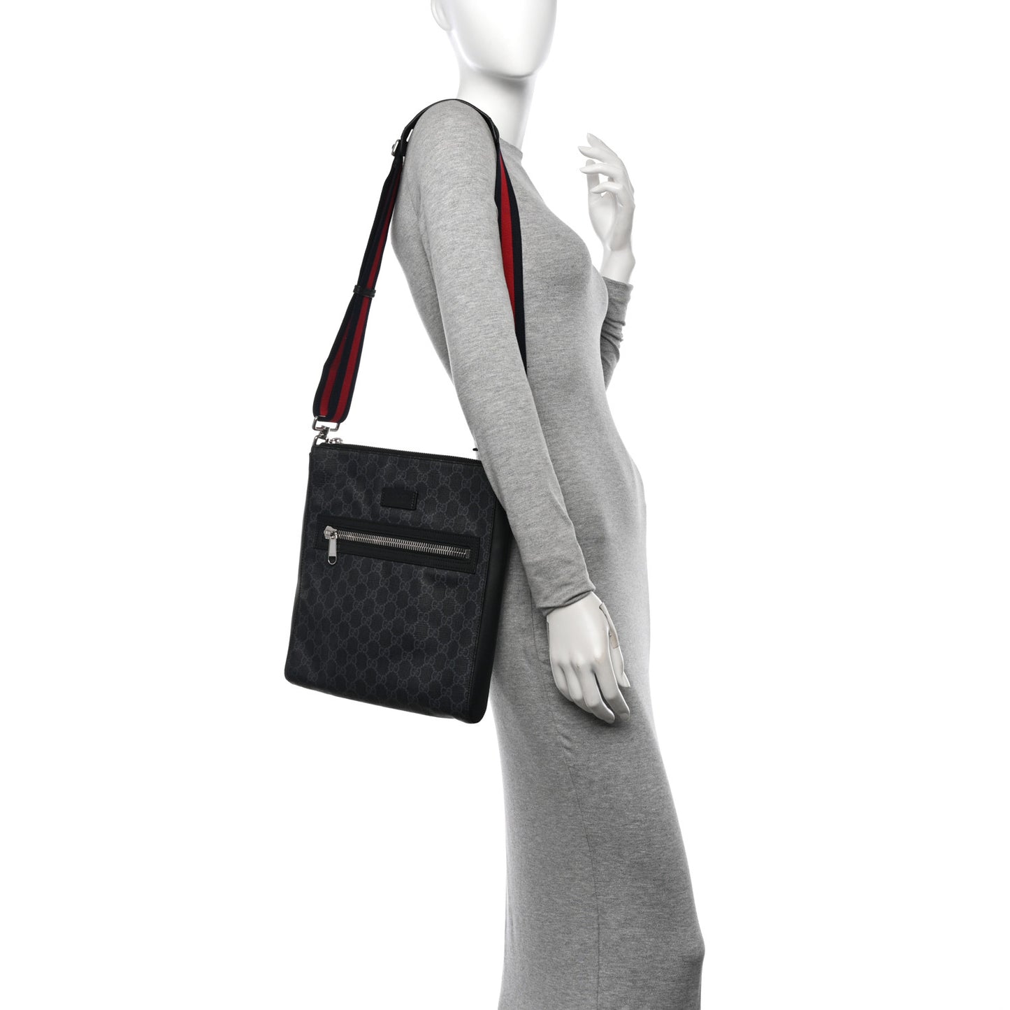 GG Supreme Monogram Appia Calfskin Web Flat Messenger Bag Black Grey