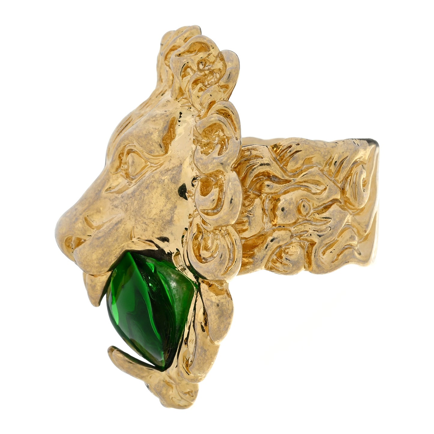 Metal Crystal Lion Head Ring 54 6.75 Green Aged Gold