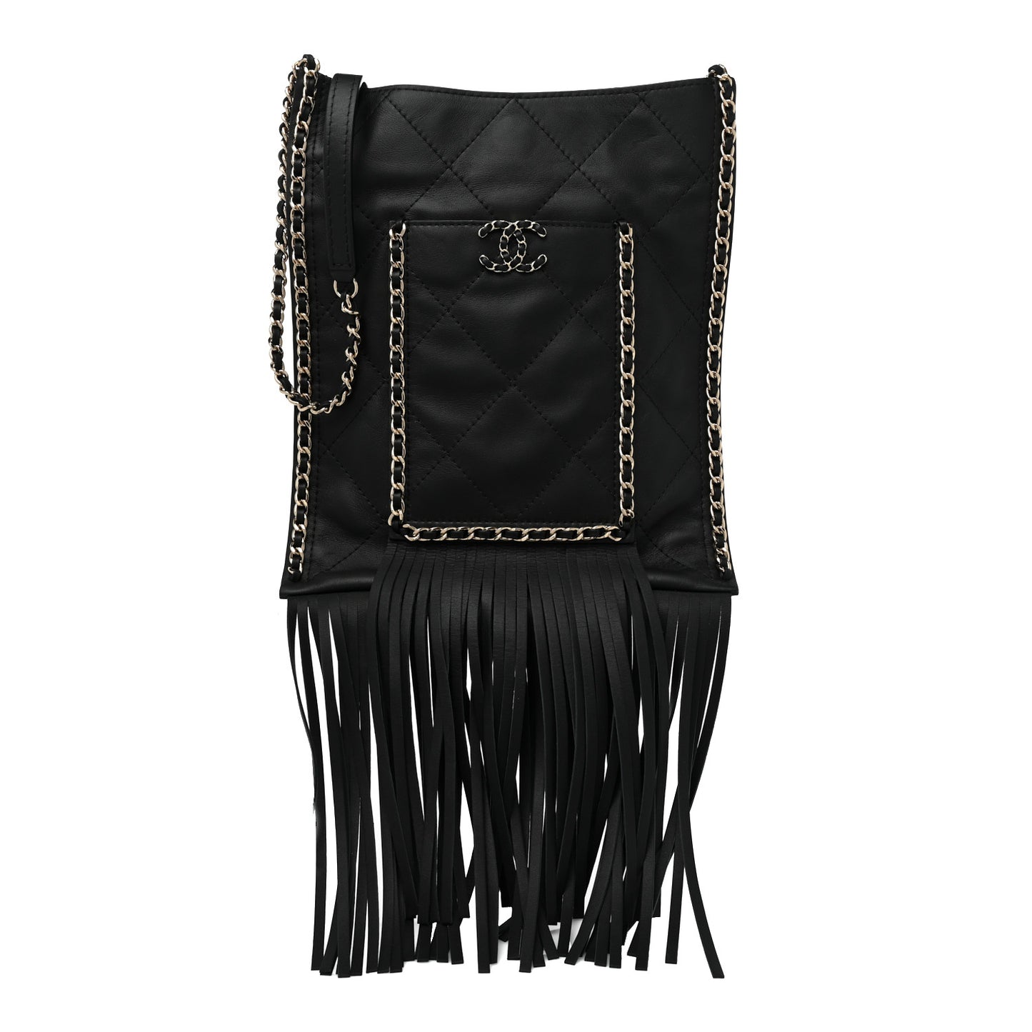 Calfskin Quilted Fringe Small Flat Tote Black