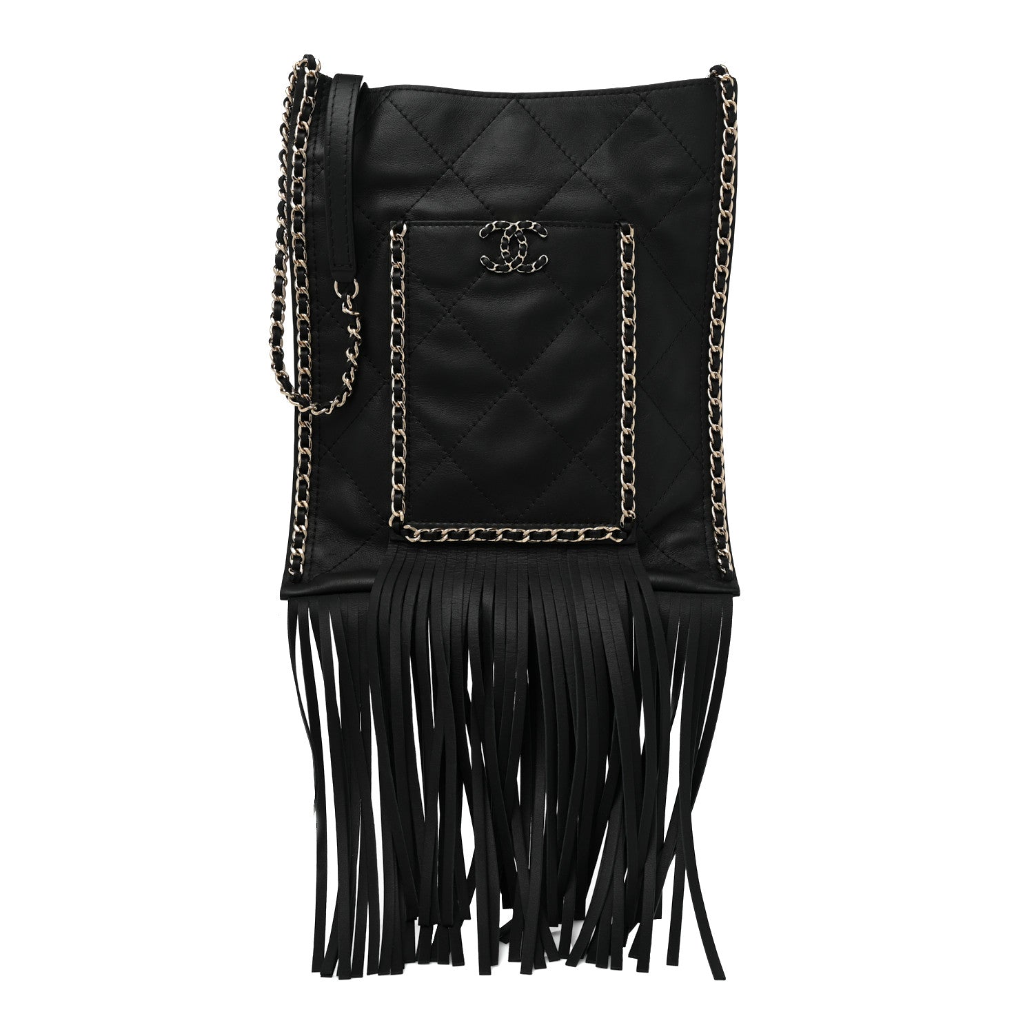 Chanel Calfskin Quilted Fringe Small Flat Tote Black 1 of 8