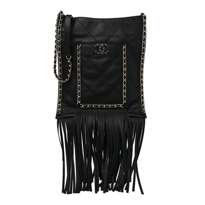 Chanel Calfskin Quilted Fringe Small Flat Tote Black 1 of 8