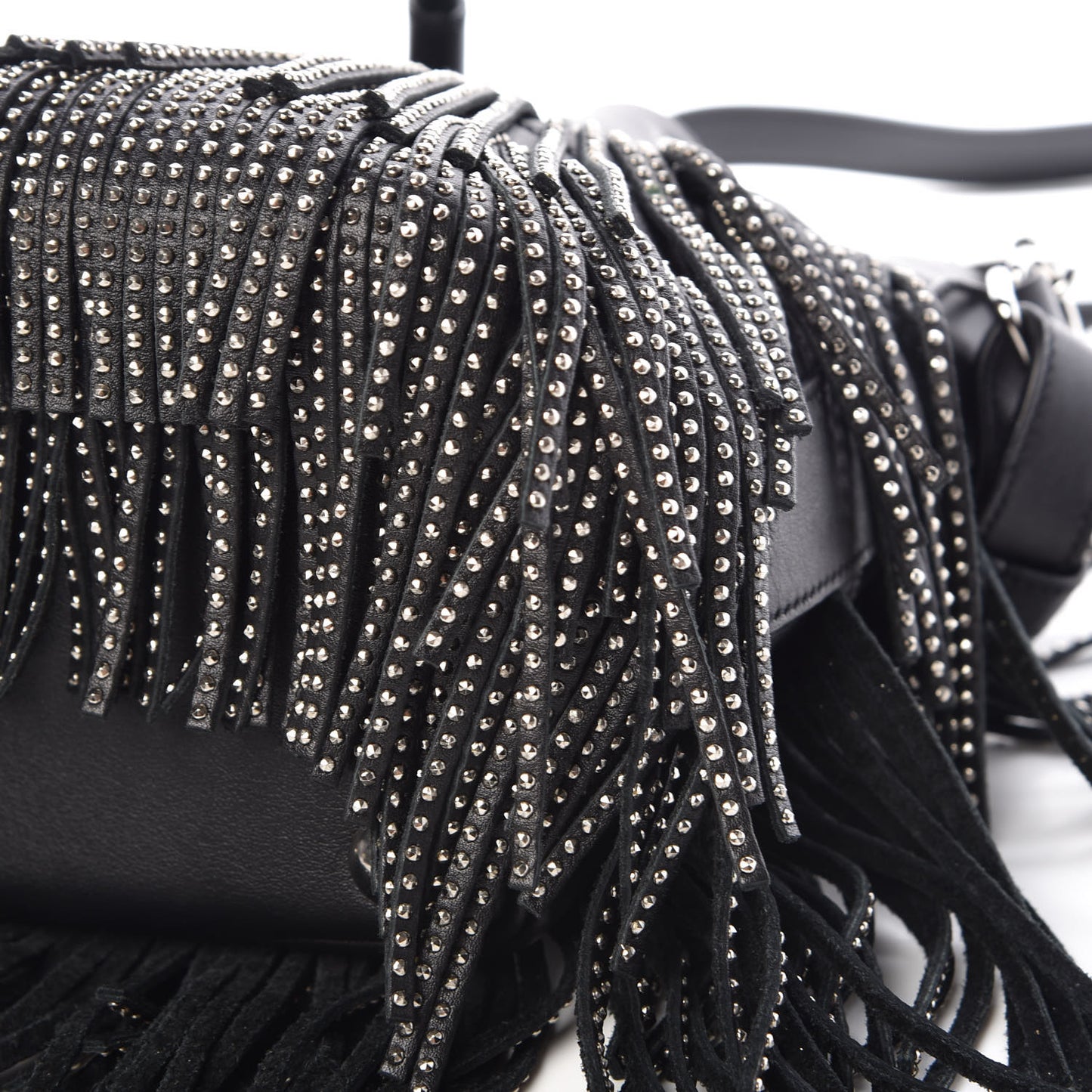 Calfskin Studded Small Emmanuelle Fringe Bucket Bag Black