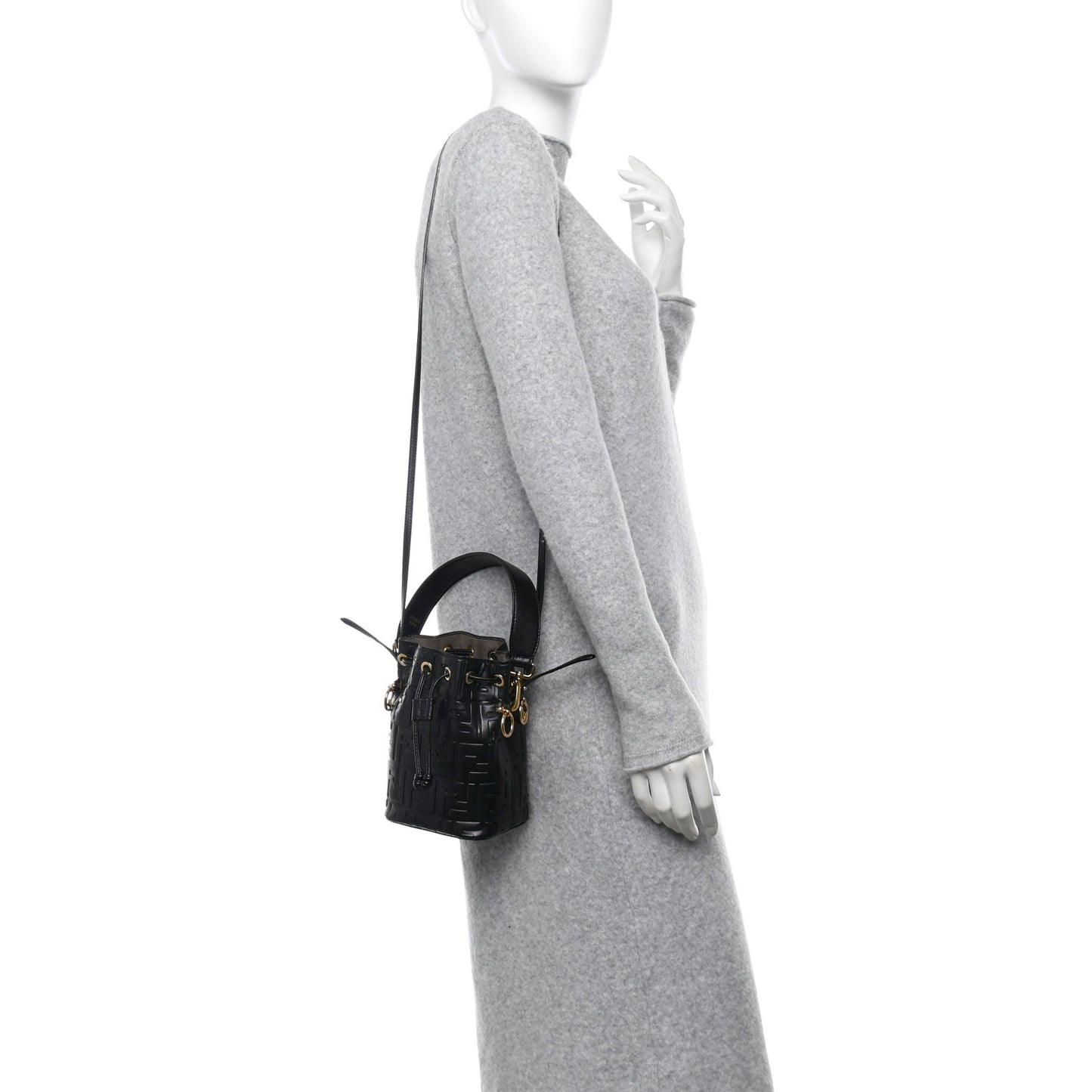 Vitello Liberty F is Fendi FF 1974 Embossed Mini Mon Tresor Bucket Bag Black