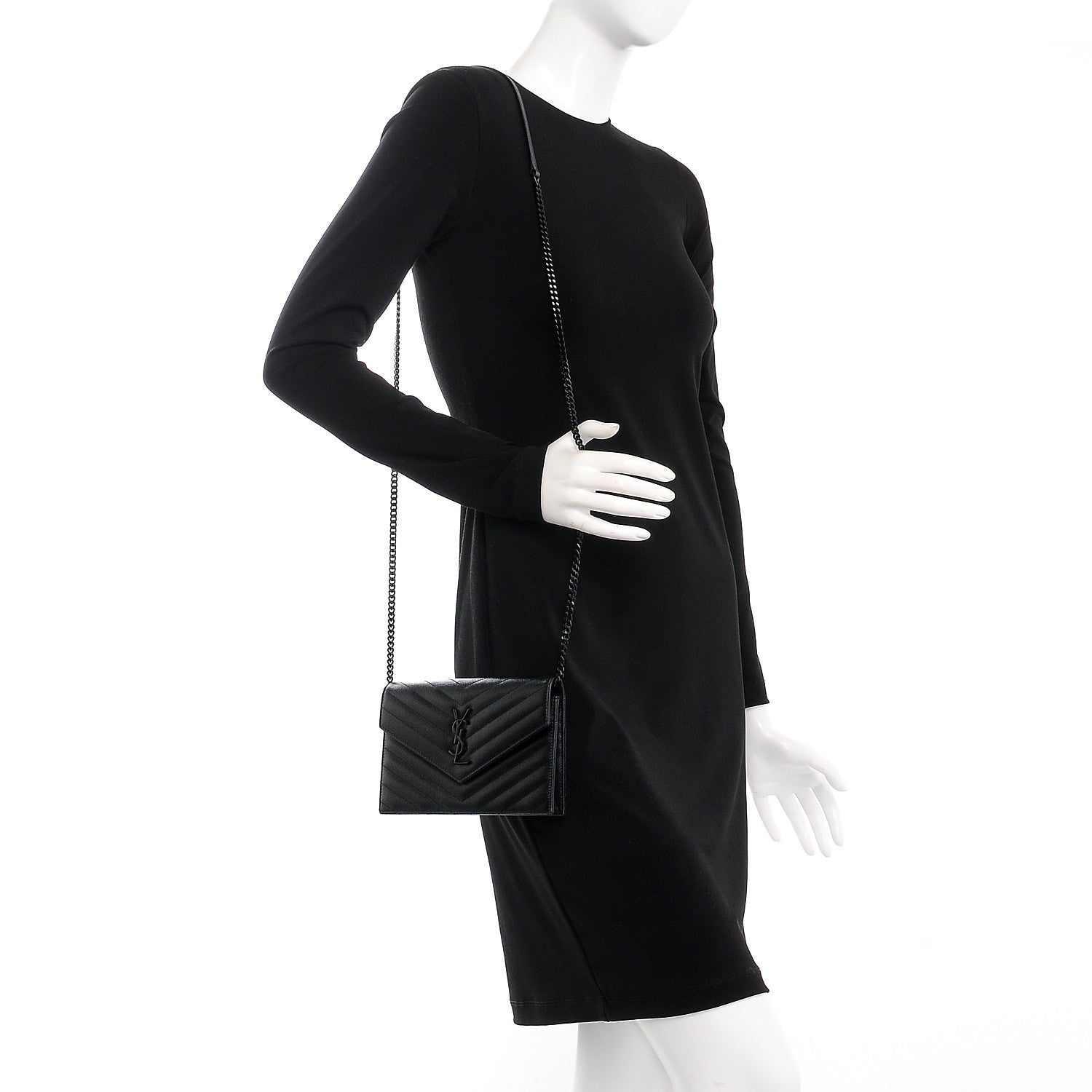 Saint Laurent Grain De Poudre Matelasse Chevron Monogram Envelope Chain Wallet Black 2 of 7