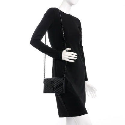 Saint Laurent Grain De Poudre Matelasse Chevron Monogram Envelope Chain Wallet Black 2 of 7