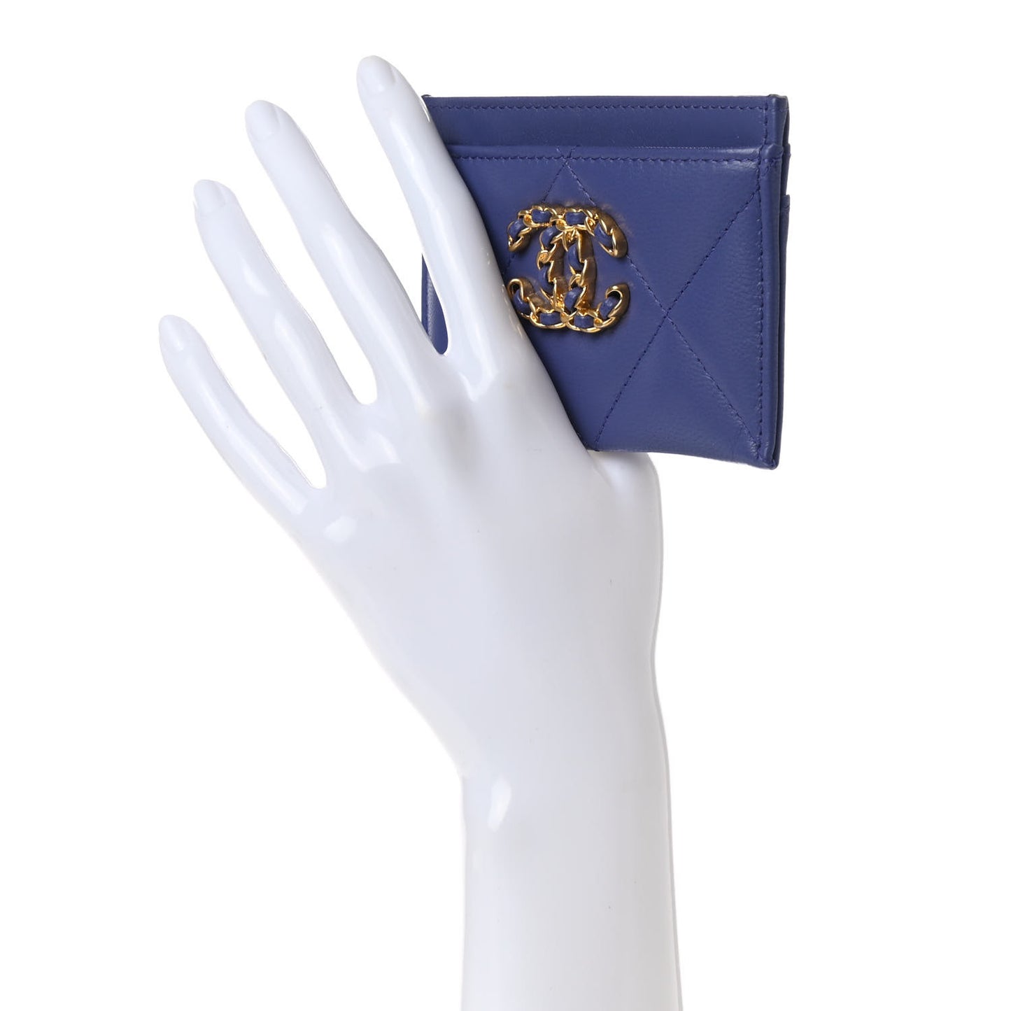 Shiny Goatskin Quilted Chanel 19 Card Holder Blue