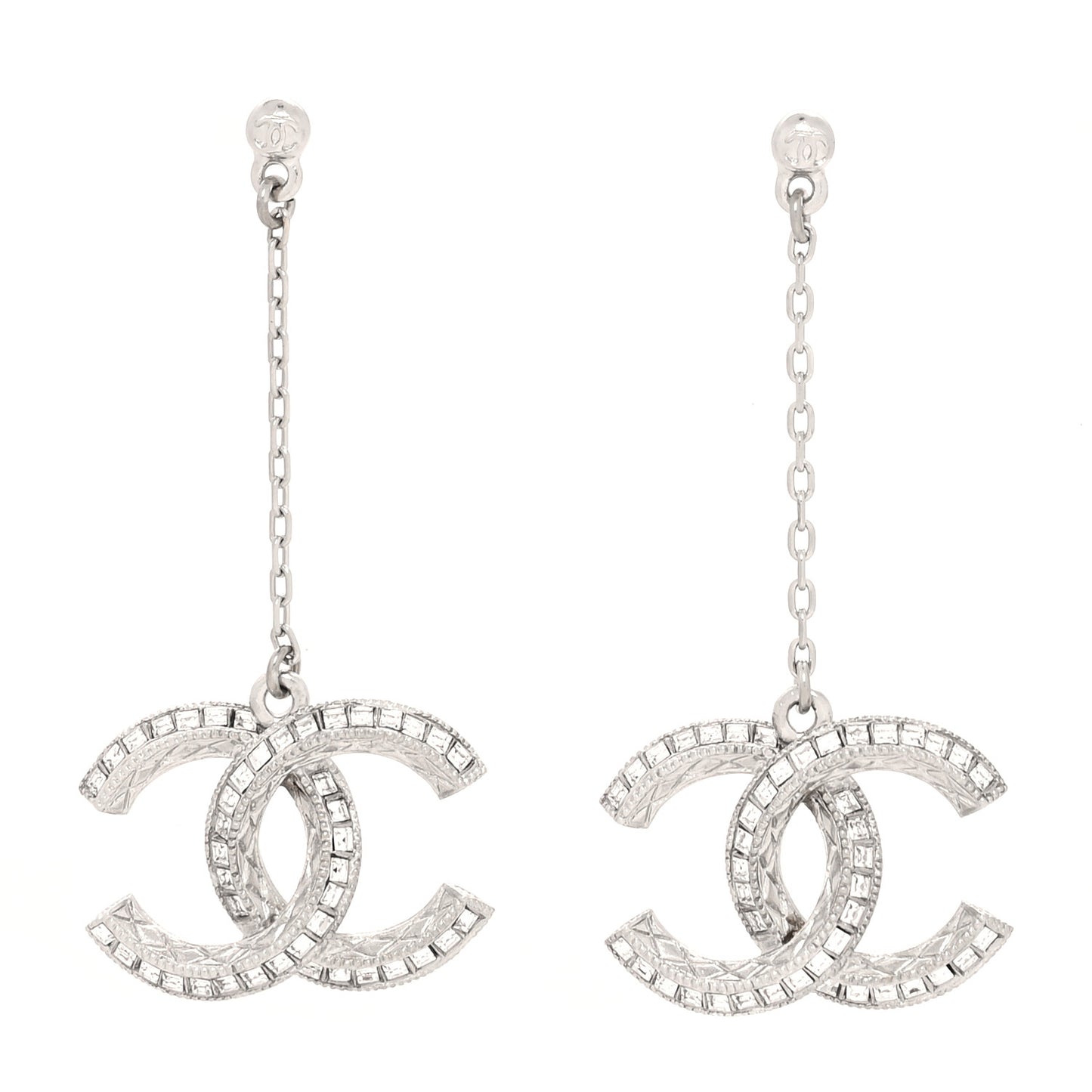 Baguette Crystal Quilted CC Drop Earrings Silver